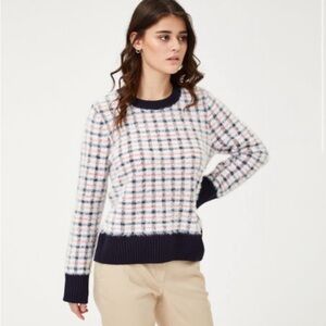 Tommy Hilfiger White Plaid Crewneck Sweater with Navy & Red Trim Size M